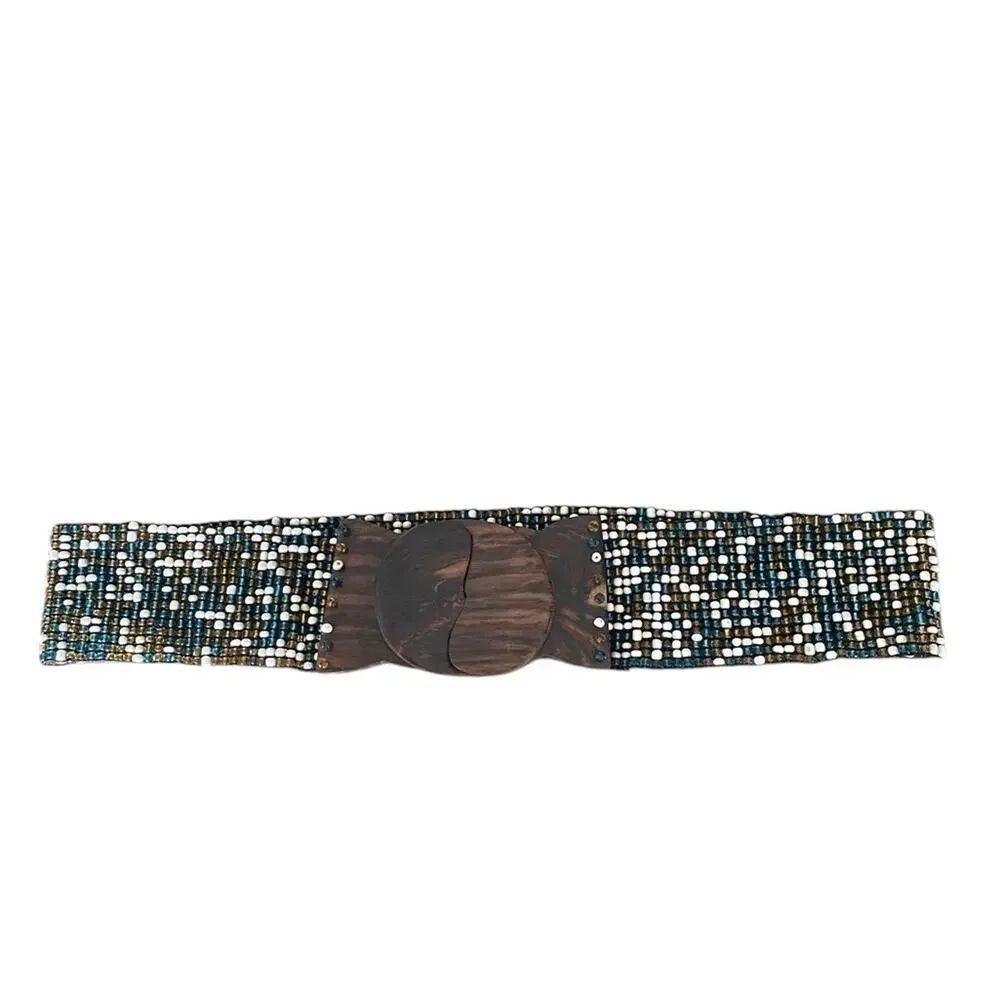 Vintage Beaded Stretchy Wide Waist Belt Wood Buckle Green Cream Gold